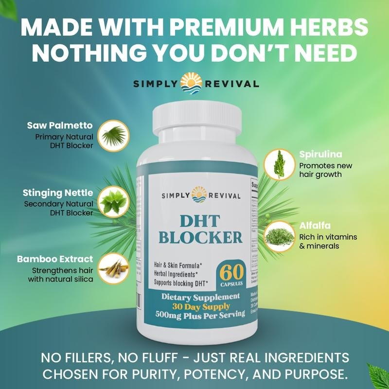 Simply Revival DHT Blocker - Hair & Skin Formula with Herbal Ingredients  - Promotes Healthy Hair Growth & Clear Skin  - 60 Capsules