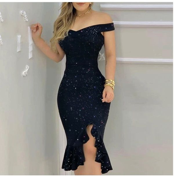 European and American Summer New Models Women's clothing One shoulder sexy off the shoulder ruffled dress