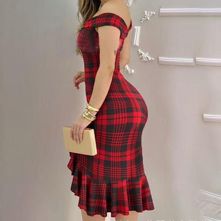 European and American Summer New Models Women's clothing One shoulder sexy off the shoulder ruffled dress