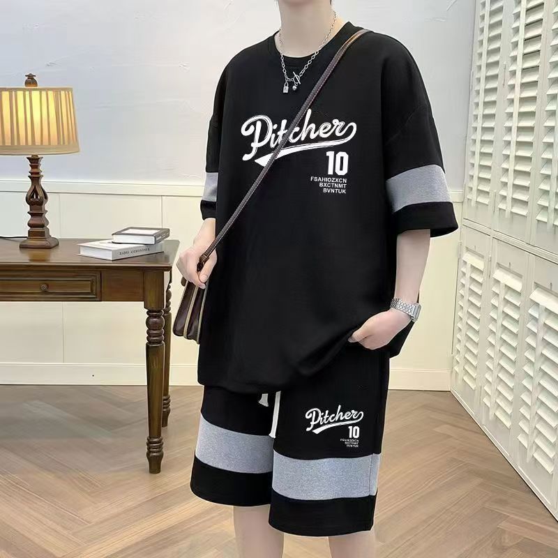 Summer striped short-sleeved T-shirt sports suit Men's loose casual Five-point shorts handsome two-piece suit