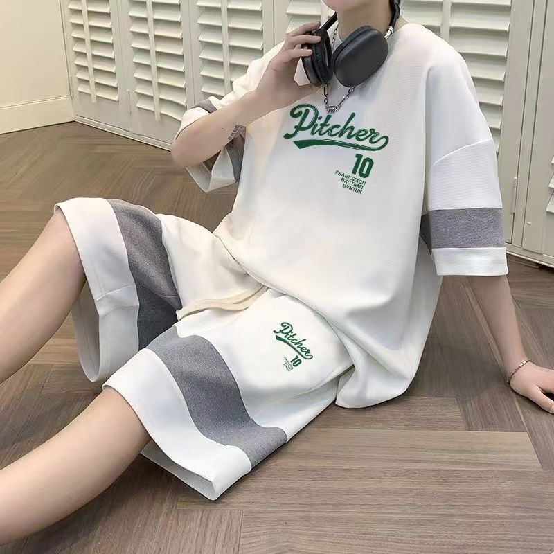 Summer striped short-sleeved T-shirt sports suit Men's loose casual Five-point shorts handsome two-piece suit