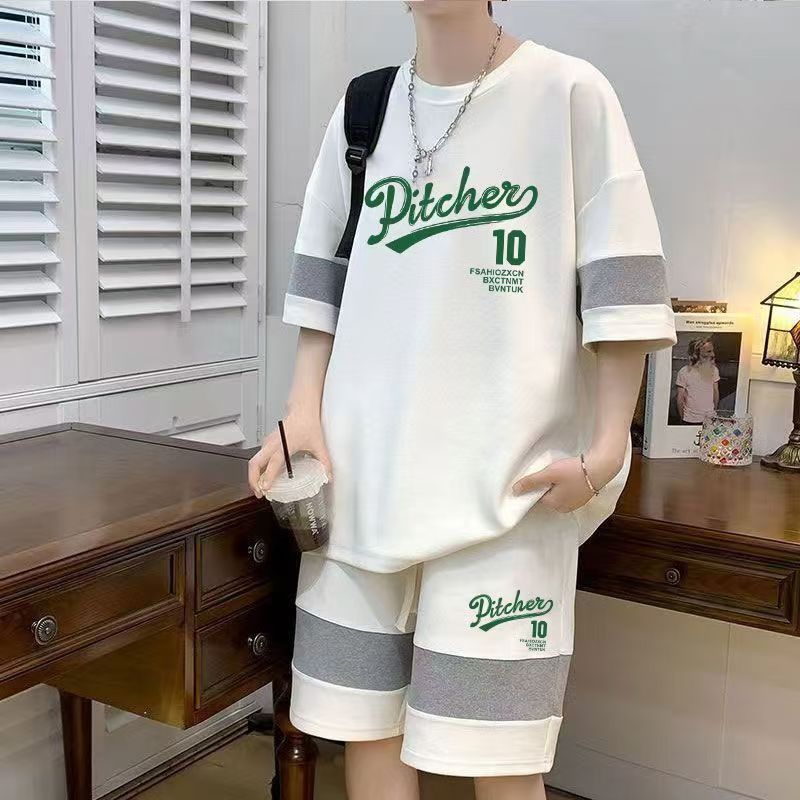 Summer striped short-sleeved T-shirt sports suit Men's loose casual Five-point shorts handsome two-piece suit