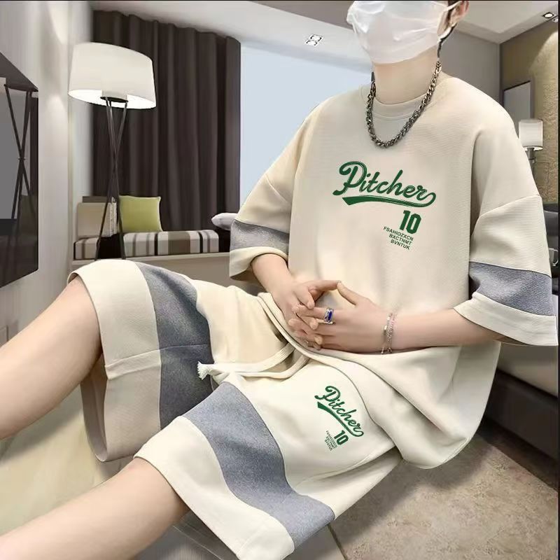 Summer striped short-sleeved T-shirt sports suit Men's loose casual Five-point shorts handsome two-piece suit