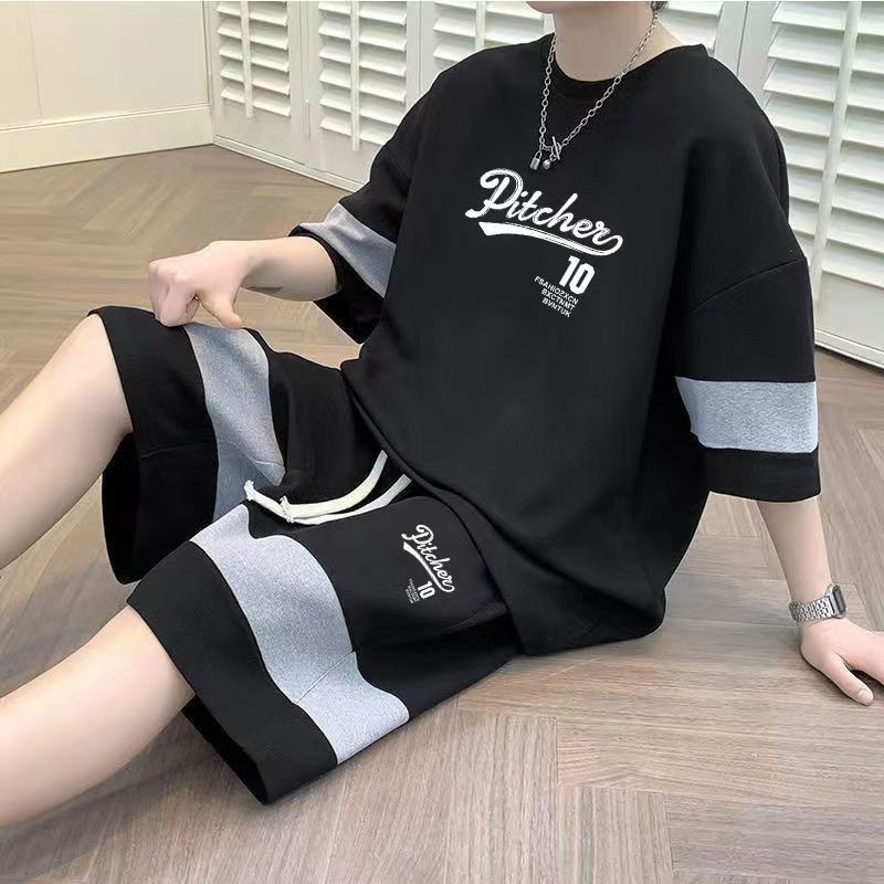 Summer striped short-sleeved T-shirt sports suit Men's loose casual Five-point shorts handsome two-piece suit