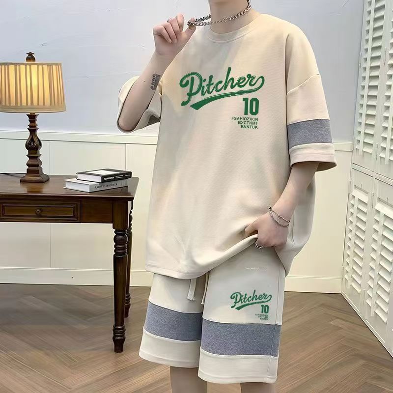 Summer striped short-sleeved T-shirt sports suit Men's loose casual Five-point shorts handsome two-piece suit