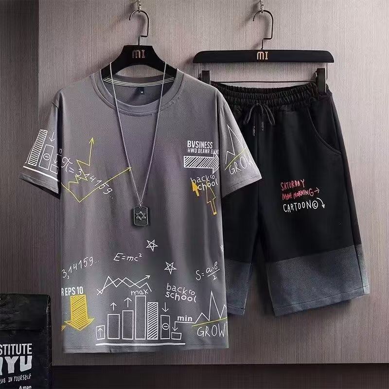 Short Sleeve T-Shirt Suit Men's Summer New Snow Mountain Print Slim Fit Large Size Sports Two-piece Set
