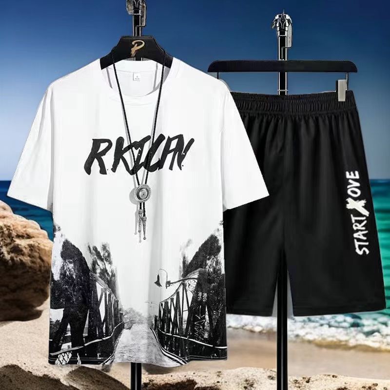 Short Sleeve T-Shirt Suit Men's Summer New Snow Mountain Print Slim Fit Large Size Sports Two-piece Set