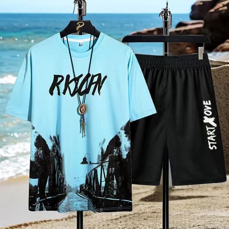 Short Sleeve T-Shirt Suit Men's Summer New Snow Mountain Print Slim Fit Large Size Sports Two-piece Set