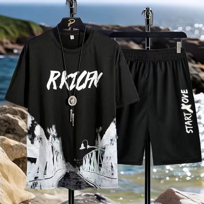 Short Sleeve T-Shirt Suit Men's Summer New Snow Mountain Print Slim Fit Large Size Sports Two-piece Set
