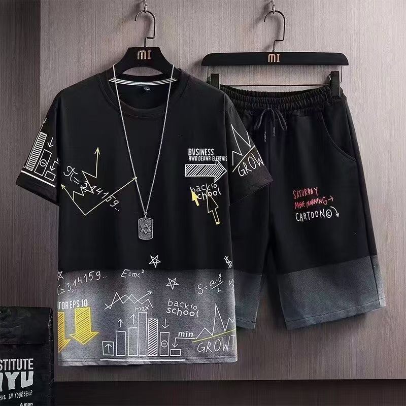 Short Sleeve T-Shirt Suit Men's Summer New Snow Mountain Print Slim Fit Large Size Sports Two-piece Set