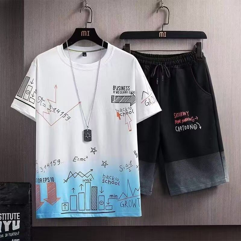 Short Sleeve T-Shirt Suit Men's Summer New Snow Mountain Print Slim Fit Large Size Sports Two-piece Set