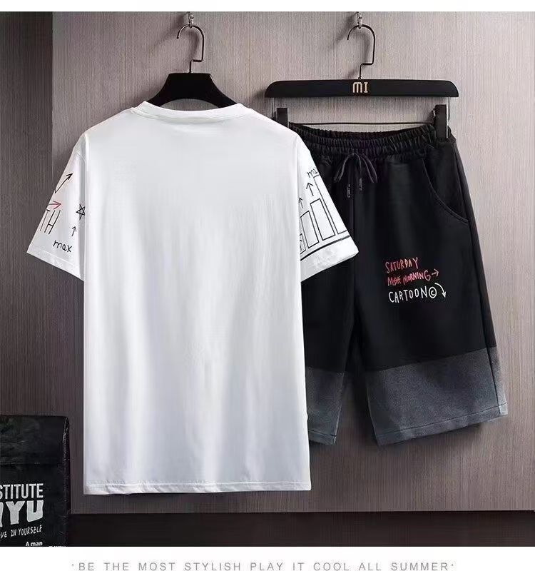 Short Sleeve T-Shirt Suit Men's Summer New Snow Mountain Print Slim Fit Large Size Sports Two-piece Set