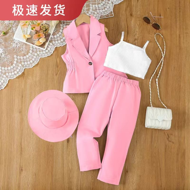Children's clothing Europe and America New Girls' suit jacket vest trousers With a hat Three piece set summer
