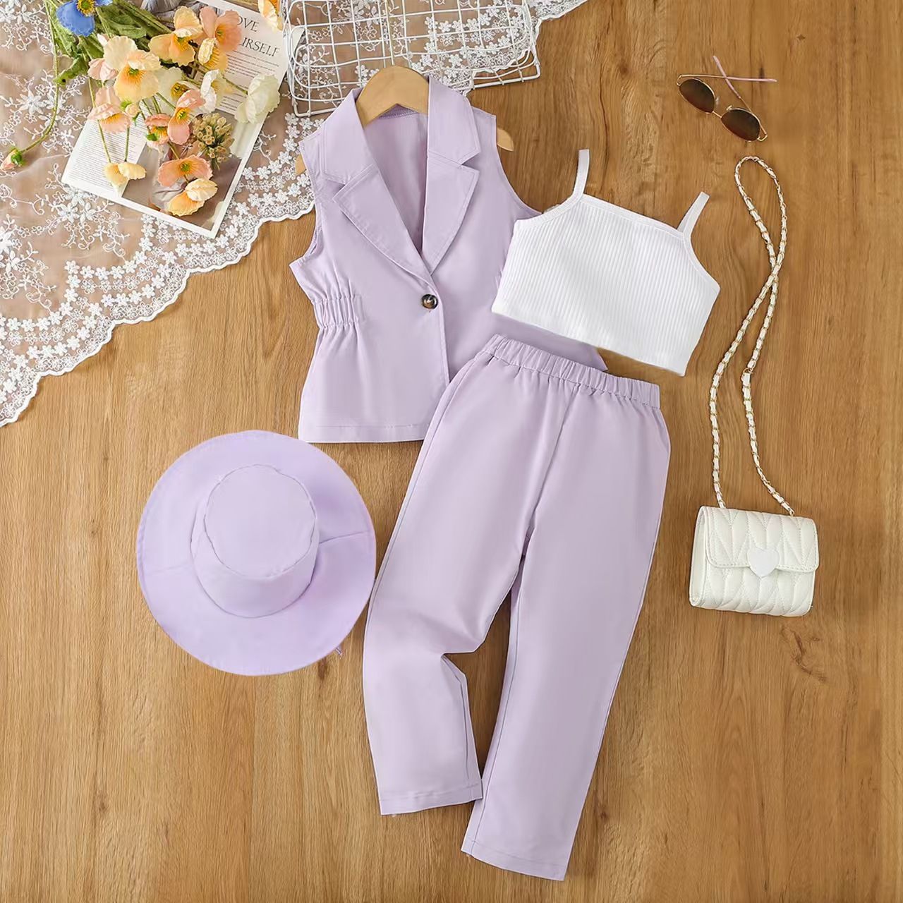 Children's clothing Europe and America New Girls' suit jacket vest trousers With a hat Three piece set summer