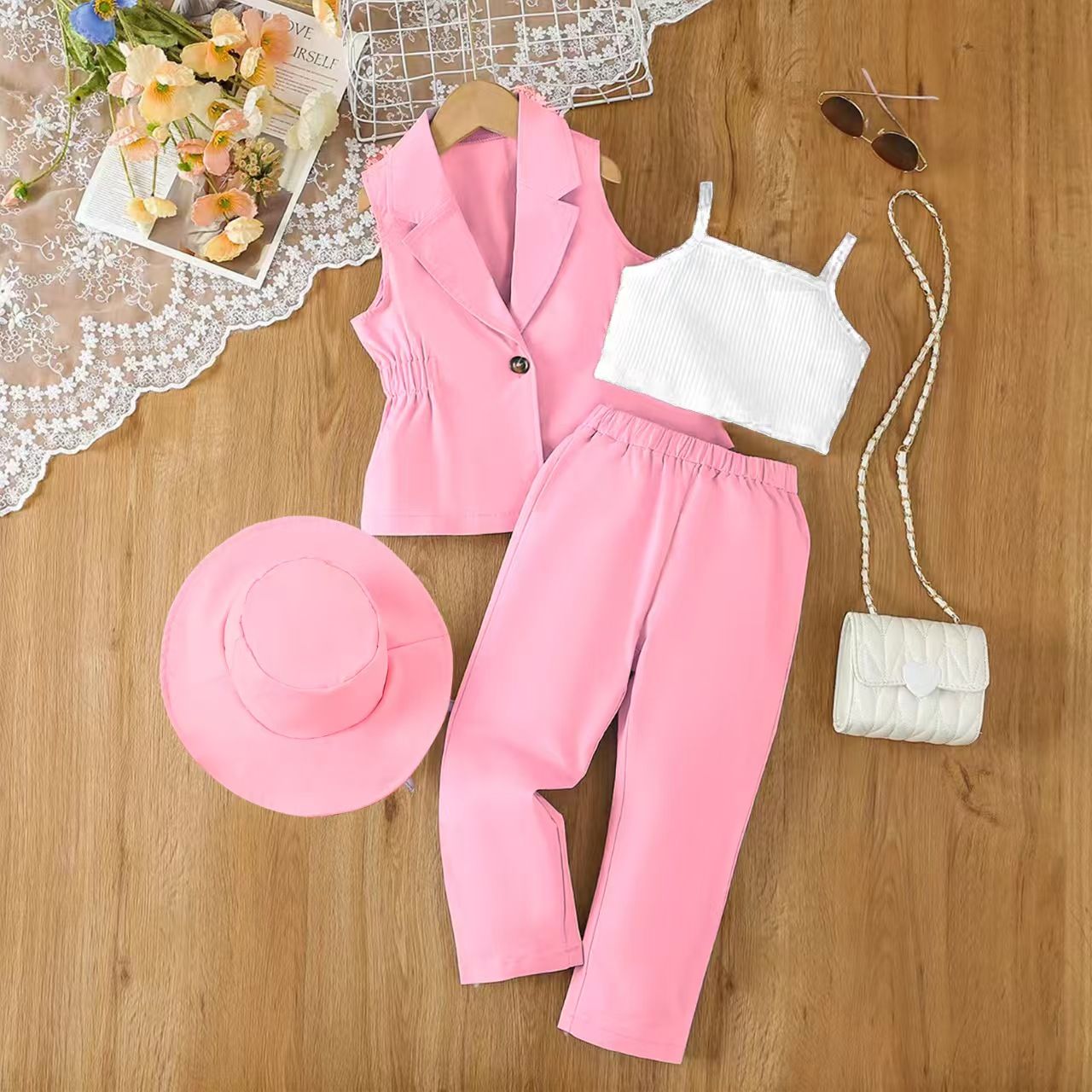 Children's clothing Europe and America New Girls' suit jacket vest trousers With a hat Three piece set summer