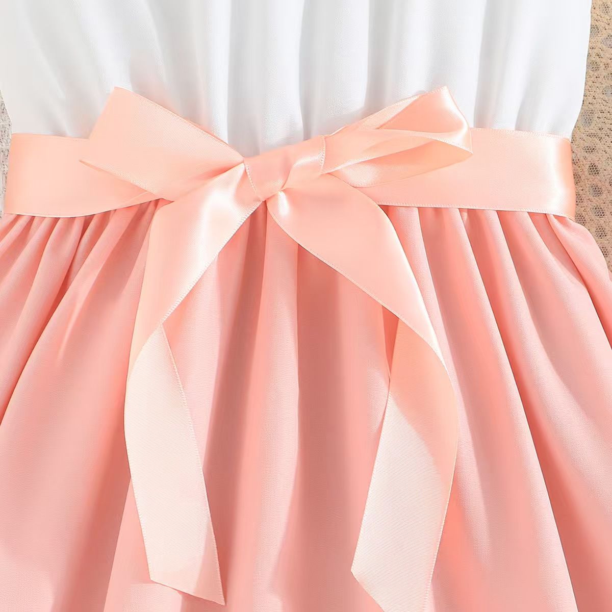 Summer hot girls' dress princess style white lace sleeves solid color splicing solid color dress ribbon belt