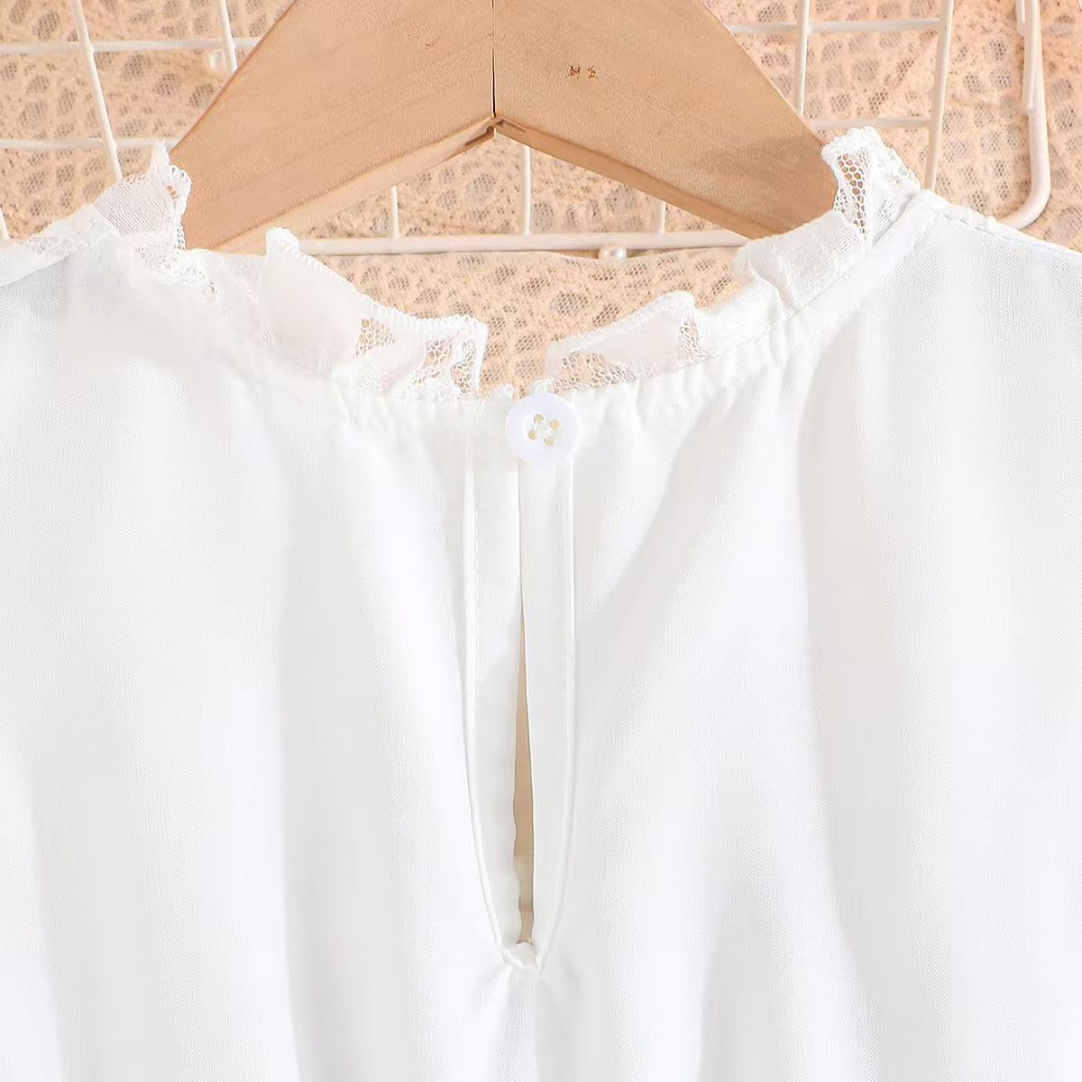 Summer hot girls' dress princess style white lace sleeves solid color splicing solid color dress ribbon belt