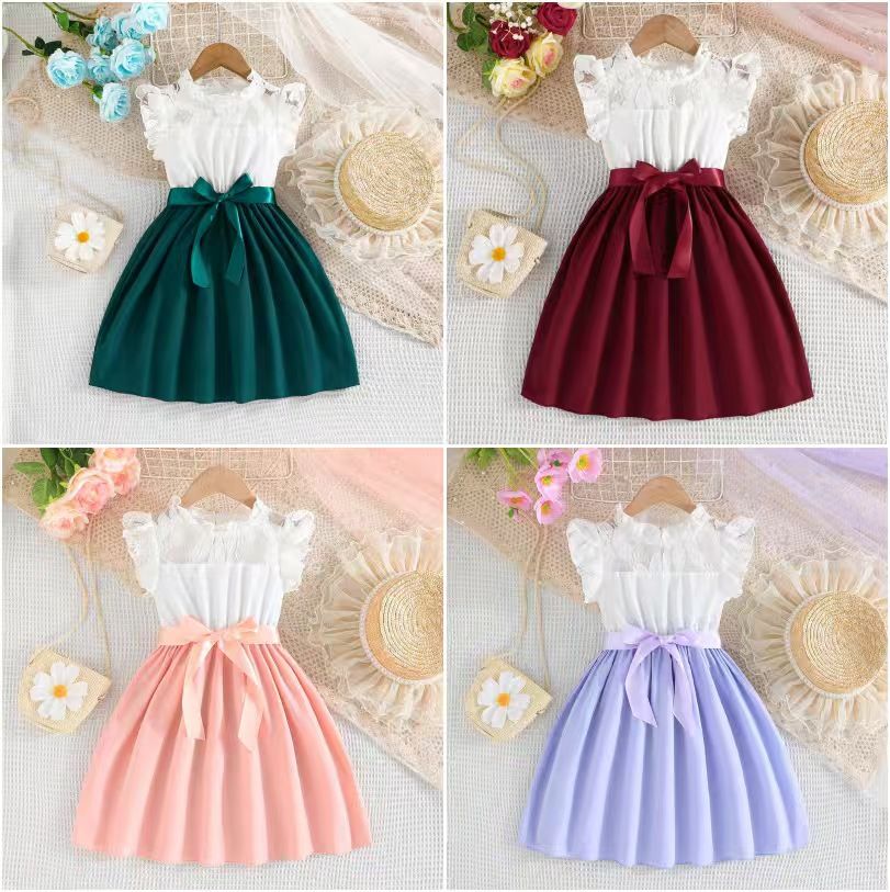 Summer hot girls' dress princess style white lace sleeves solid color splicing solid color dress ribbon belt