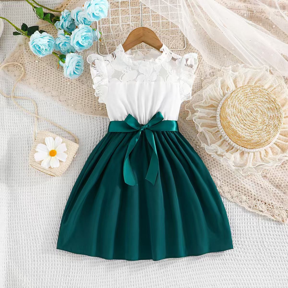 Summer hot girls' dress princess style white lace sleeves solid color splicing solid color dress ribbon belt