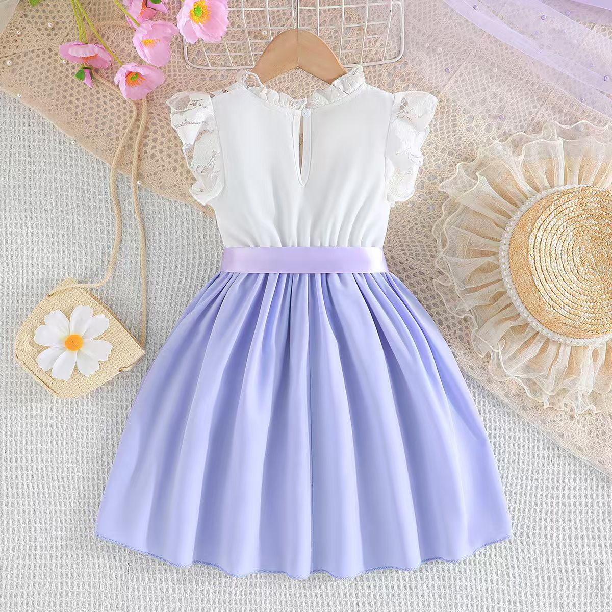 Summer hot girls' dress princess style white lace sleeves solid color splicing solid color dress ribbon belt