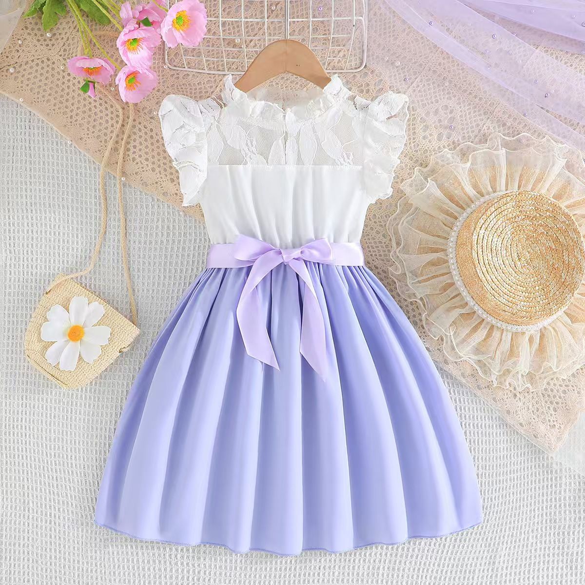Summer hot girls' dress princess style white lace sleeves solid color splicing solid color dress ribbon belt