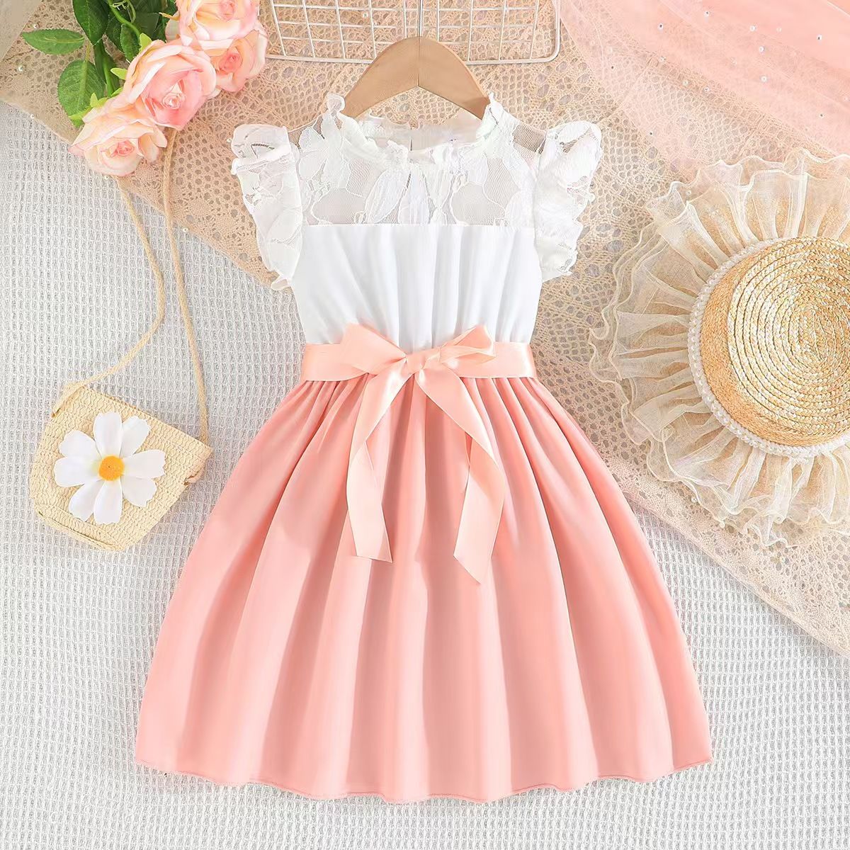 Summer hot girls' dress princess style white lace sleeves solid color splicing solid color dress ribbon belt
