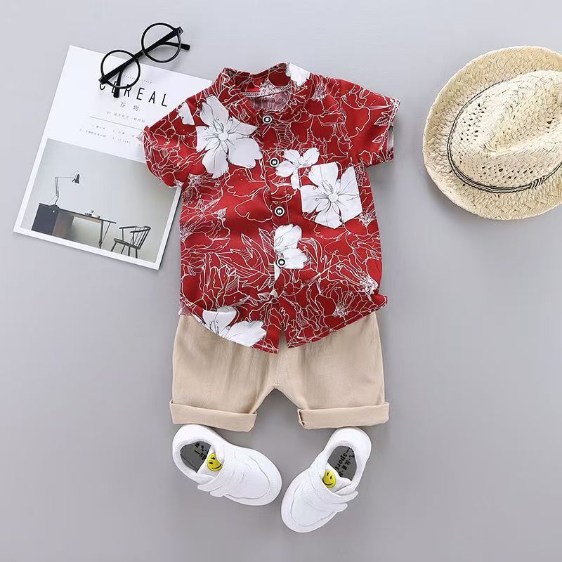 Children summer flowers printed shirt suit kids 2pcs clothing set boy baby short sleeve cotton clothes
