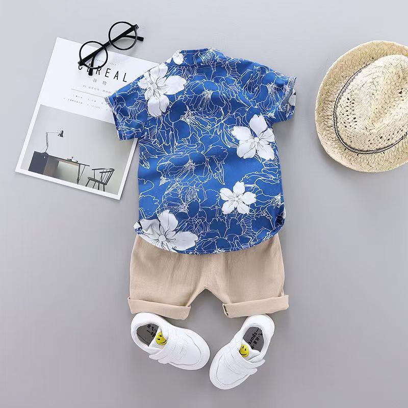 Children summer flowers printed shirt suit kids 2pcs clothing set boy baby short sleeve cotton clothes