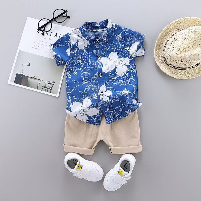 Children summer flowers printed shirt suit kids 2pcs clothing set boy baby short sleeve cotton clothes