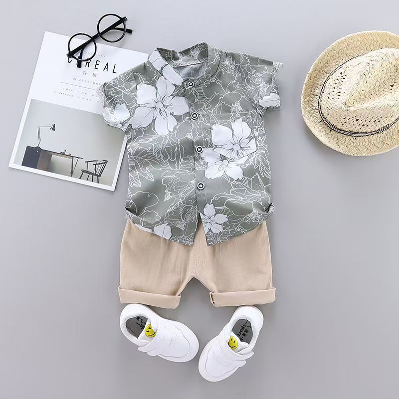 Children summer flowers printed shirt suit kids 2pcs clothing set boy baby short sleeve cotton clothes