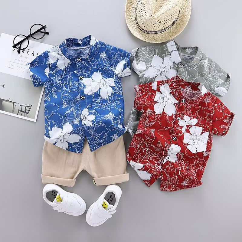 Children summer flowers printed shirt suit kids 2pcs clothing set boy baby short sleeve cotton clothes