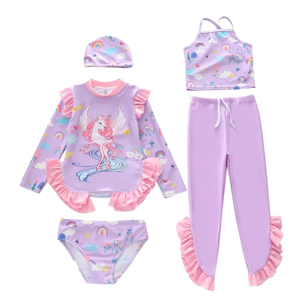 (5-piece set) New children's swimsuit girls' new ruffle edge swimming suit split long sleeved long pants sun resistant girls' swimsuit