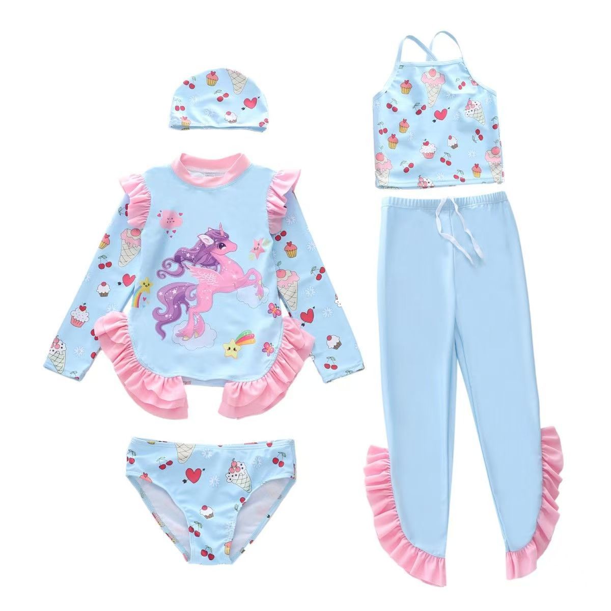 (5-piece set) New children's swimsuit girls' new ruffle edge swimming suit split long sleeved long pants sun resistant girls' swimsuit