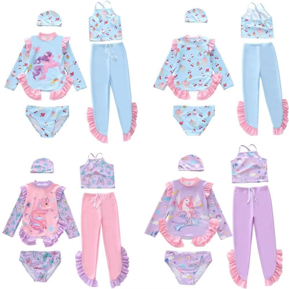 (5-piece set) New children's swimsuit girls' new ruffle edge swimming suit split long sleeved long pants sun resistant girls' swimsuit