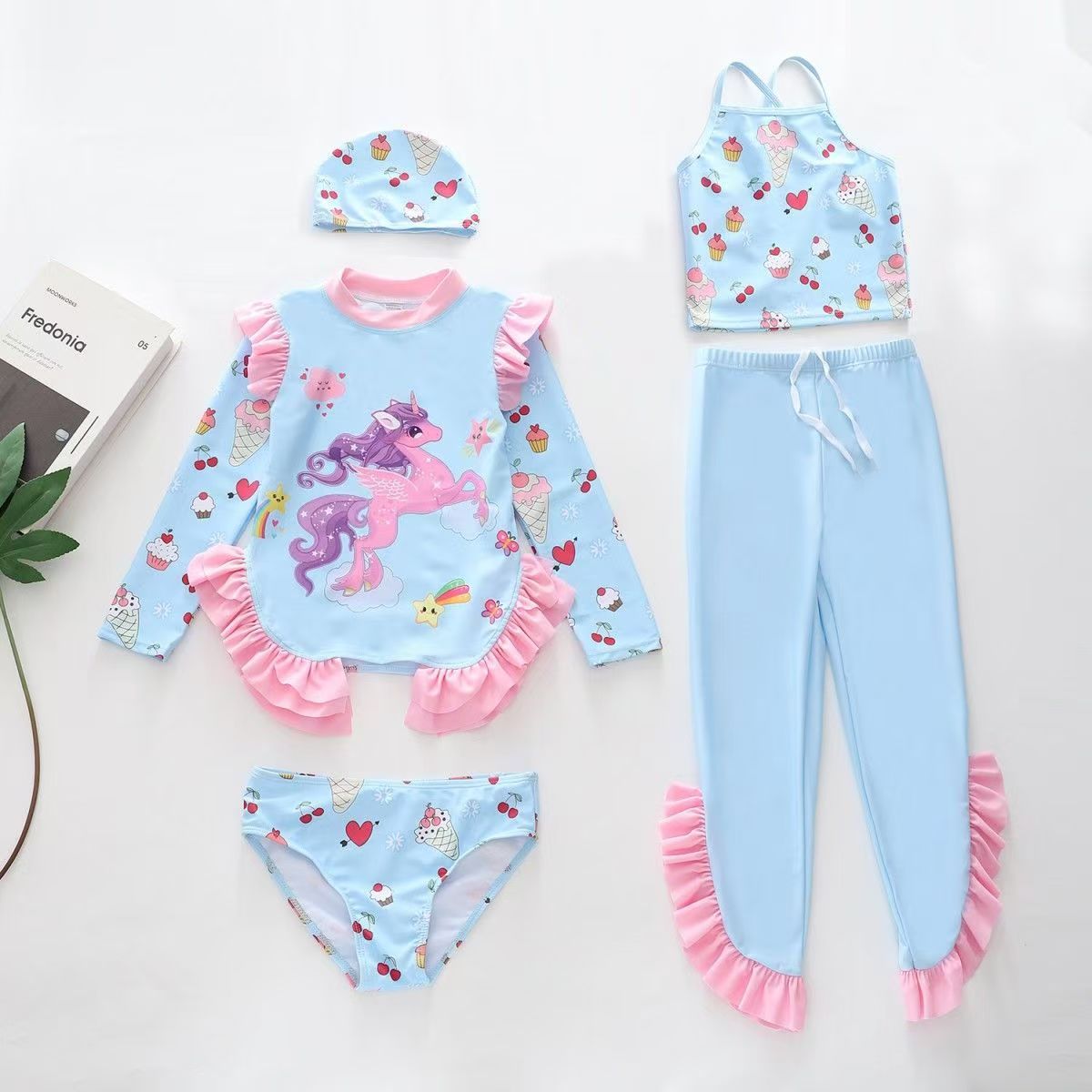 (5-piece set) New children's swimsuit girls' new ruffle edge swimming suit split long sleeved long pants sun resistant girls' swimsuit
