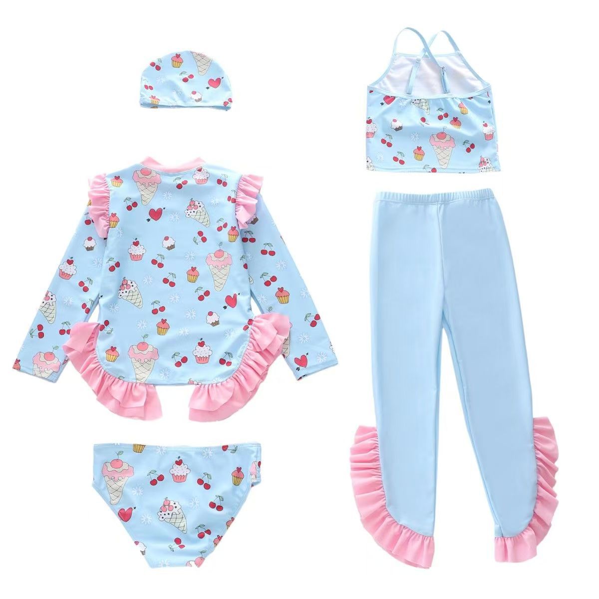 (5-piece set) New children's swimsuit girls' new ruffle edge swimming suit split long sleeved long pants sun resistant girls' swimsuit