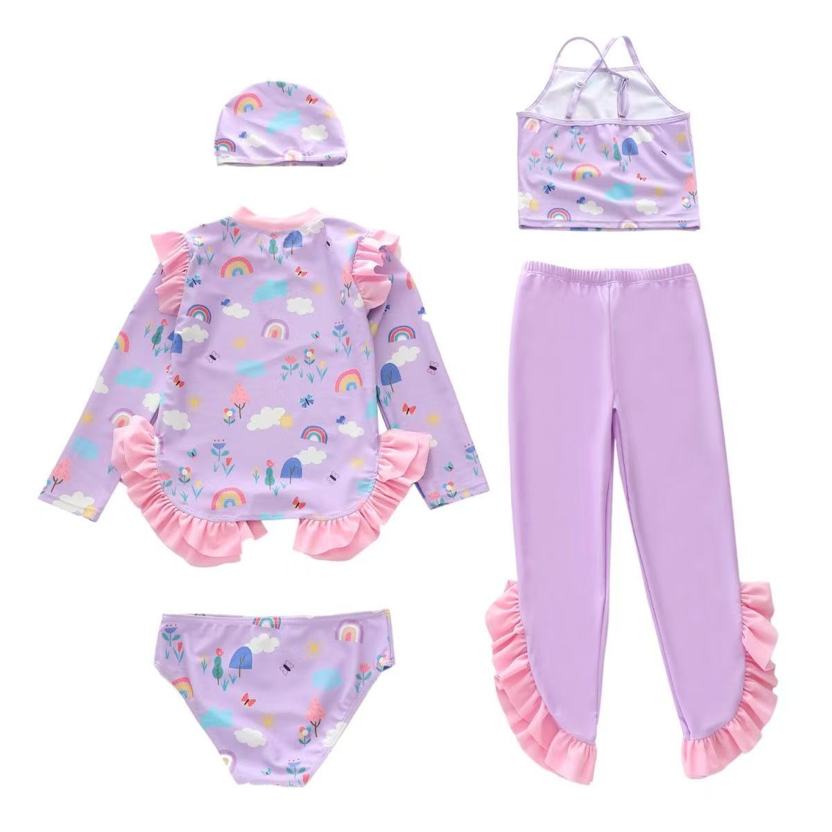 (5-piece set) New children's swimsuit girls' new ruffle edge swimming suit split long sleeved long pants sun resistant girls' swimsuit