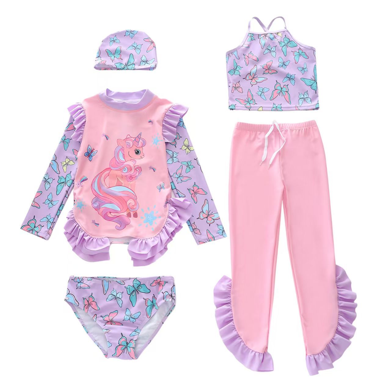 (5-piece set) New children's swimsuit girls' new ruffle edge swimming suit split long sleeved long pants sun resistant girls' swimsuit