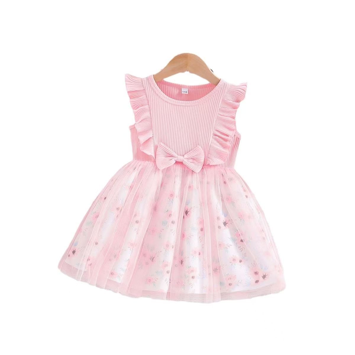New Girl's Sleeveless Dress Sweet Small and Medium sized Children's Bow Mesh Skirt European and American Children's A-line Dress Cotton