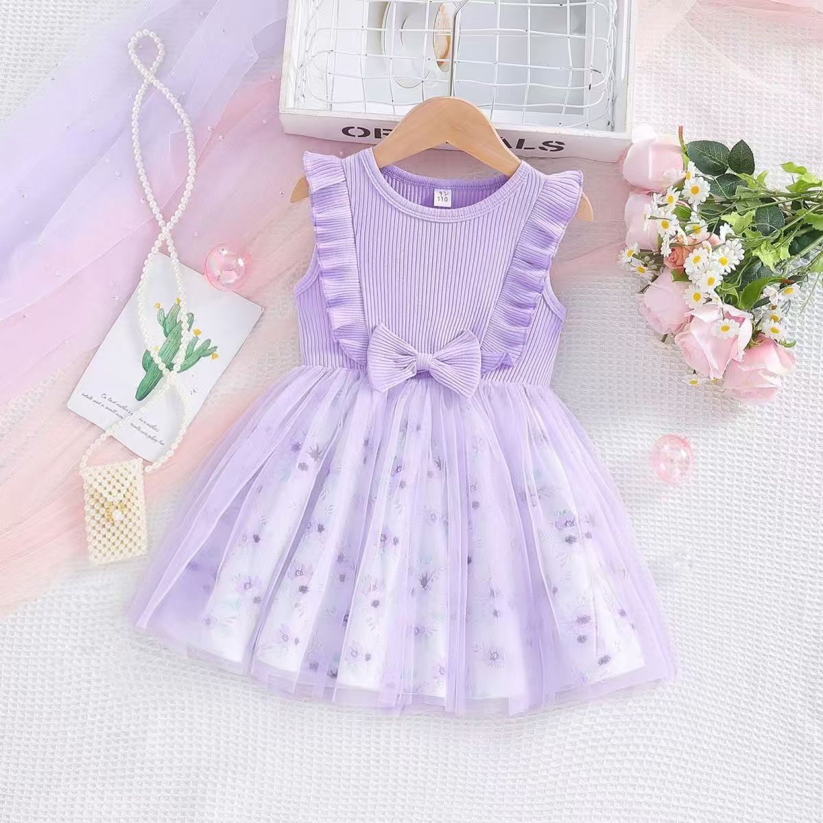 New Girl's Sleeveless Dress Sweet Small and Medium sized Children's Bow Mesh Skirt European and American Children's A-line Dress Cotton