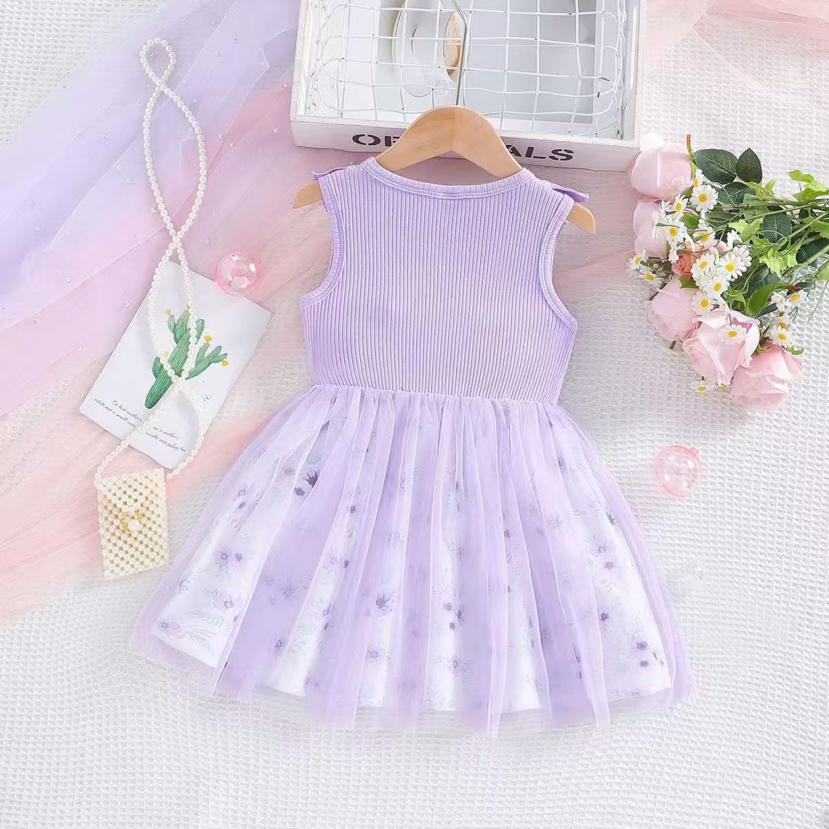 New Girl's Sleeveless Dress Sweet Small and Medium sized Children's Bow Mesh Skirt European and American Children's A-line Dress Cotton