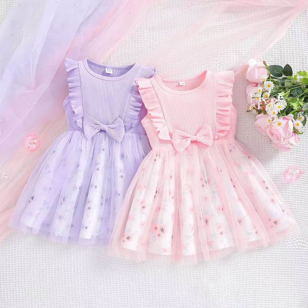 New Girl's Sleeveless Dress Sweet Small and Medium sized Children's Bow Mesh Skirt European and American Children's A-line Dress Cotton