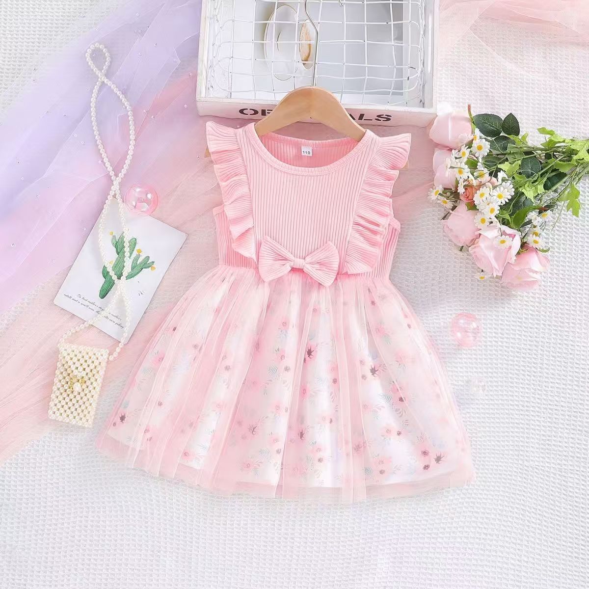 New Girl's Sleeveless Dress Sweet Small and Medium sized Children's Bow Mesh Skirt European and American Children's A-line Dress Cotton