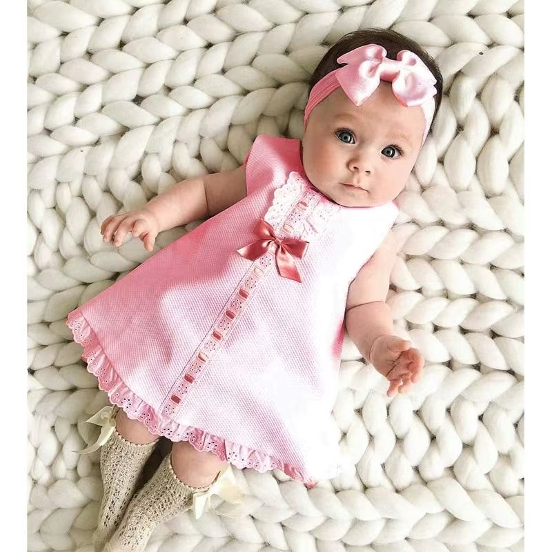 High quality baby summer girls sleeveless bowknot skirt two-piece kids dress