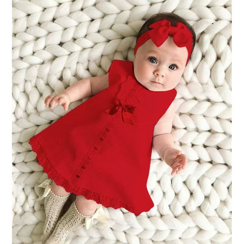High quality baby summer girls sleeveless bowknot skirt two-piece kids dress