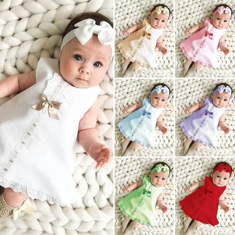 High quality baby summer girls sleeveless bowknot skirt two-piece kids dress