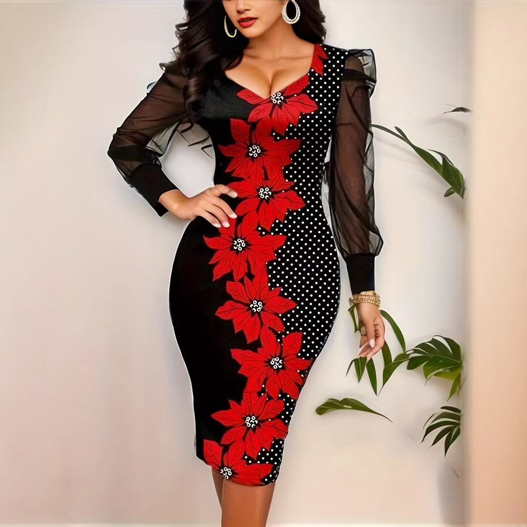 New European and American Autumn Printed Dress Women's Mesh Sleeve Pencil Mid length Wrap Hip Skirt