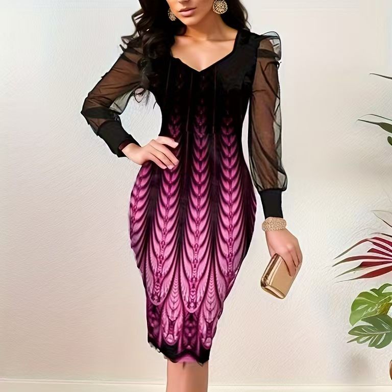 New European and American Autumn Printed Dress Women's Mesh Sleeve Pencil Mid length Wrap Hip Skirt