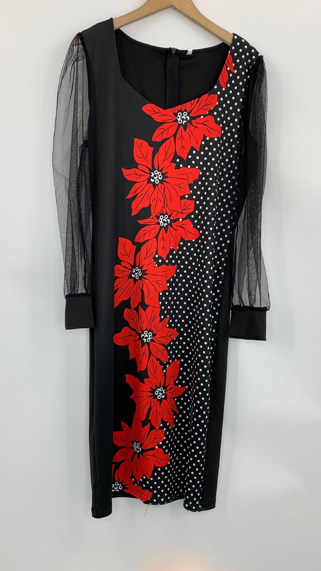 New European and American Autumn Printed Dress Women's Mesh Sleeve Pencil Mid length Wrap Hip Skirt