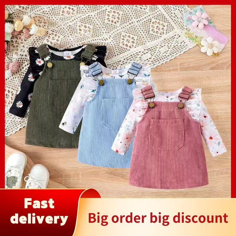 Newborn Baby's Clothes Girls Outfits Sweet Style Long Sleeve Round Collar Kids Romper Front Pocket Suspender Skirt Headwear Set